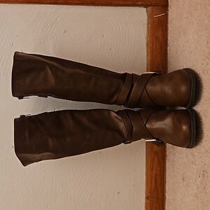 Brown Faux Leather Knee High Boots